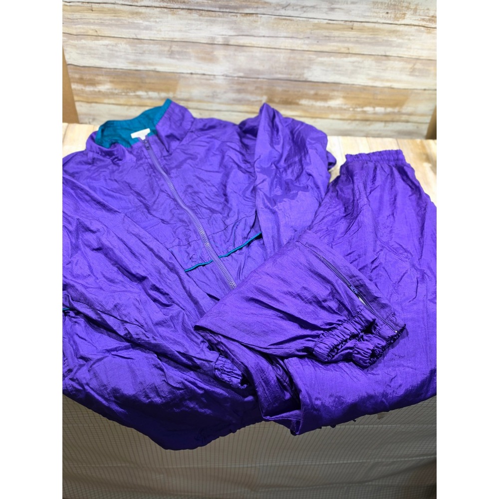 Vintage Basic Editions Purple Nylon Tracksuit Windbreaker Jacket L Pants M 90s